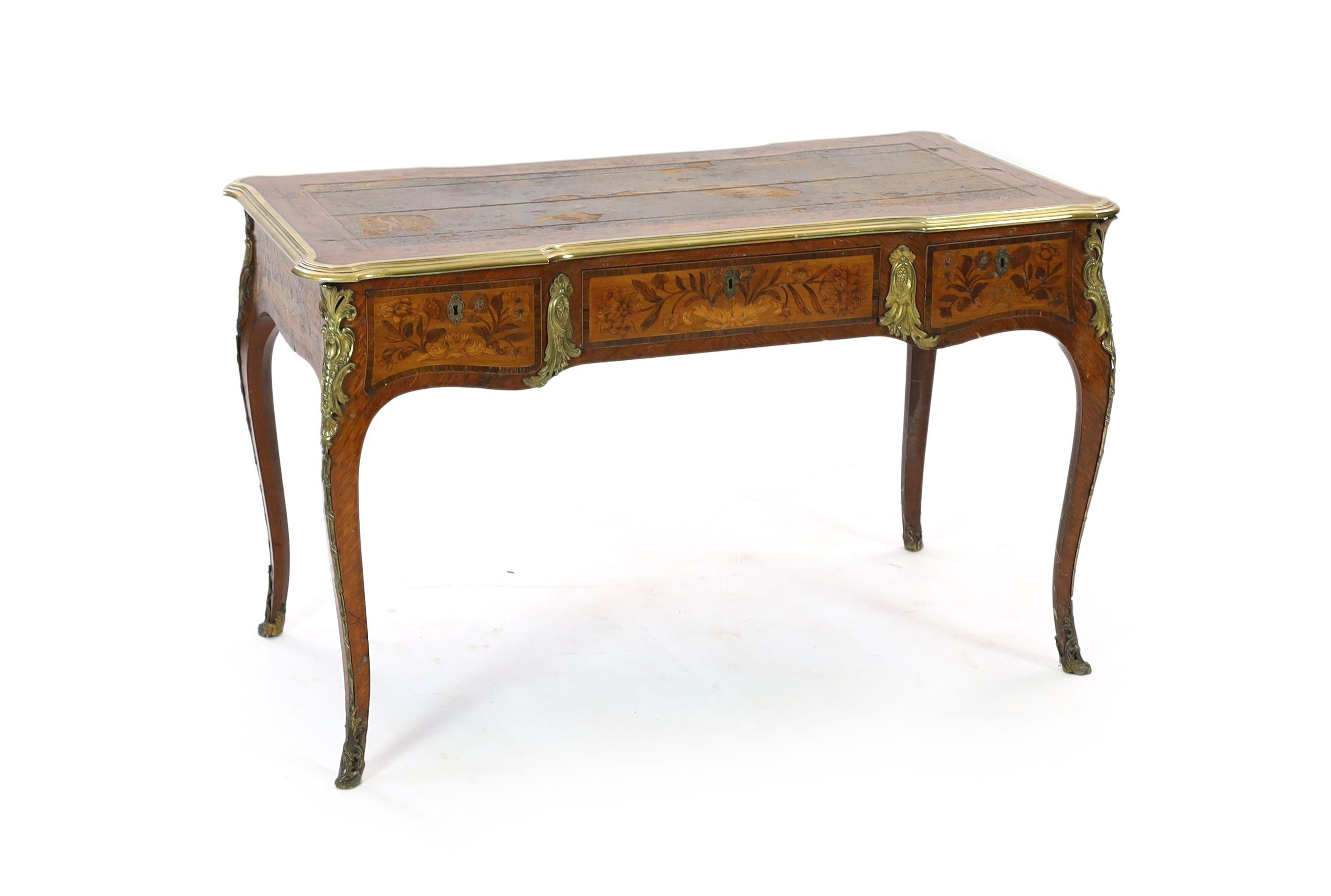 An early 20th century Louis XVI style ormolu mounted marquetry bureau plat, W.123cm D.64cm H.76cm